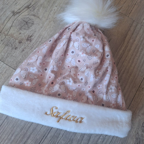 Bonnet uni ou à motifs avec prénom brodé à pompon: chaud, doux et fourré à l'intérieur en blanc cassé, dès la naissance à enfant