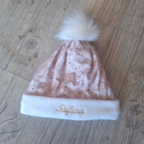 Bonnet uni ou à motifs avec prénom brodé à pompon: chaud, doux et fourré à l'intérieur en blanc cassé, dès la naissance à enfant