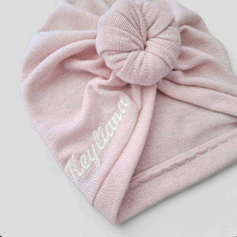 Turban bonnet neoud, buns ou simple personnalisable avec prénom brodé en tissu maille extensible chaud 8 couleurss
