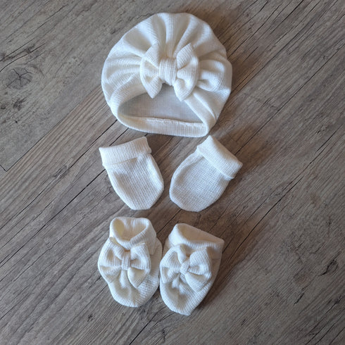 Ensemble Turban nœud + moufle + chausson assortis. tissus chaud ou fin au choix