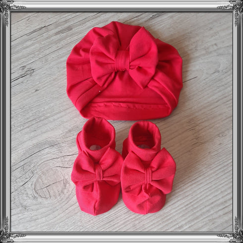 Ensemble Turban noeud + moufles + bandeau + chaussons assortis. tissu jersey de coton