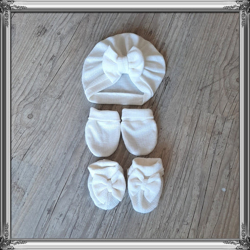 Ensemble Turban noeud + moufles + bandeau + chaussons assortis. tissu jersey de coton