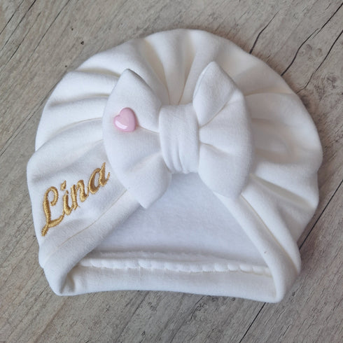 EDITION LIMITÉE : Turban bonnet nœud, buns ou simple personnalisable Prénom brodé, COEUR ROSE 🩷 tissu sweat fourré et chaud 15 couleurs