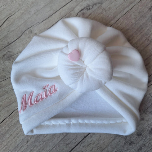 EDITION LIMITÉE : Turban bonnet nœud, buns ou simple personnalisable Prénom brodé, COEUR ROSE 🩷 tissu sweat fourré et chaud 15 couleurs