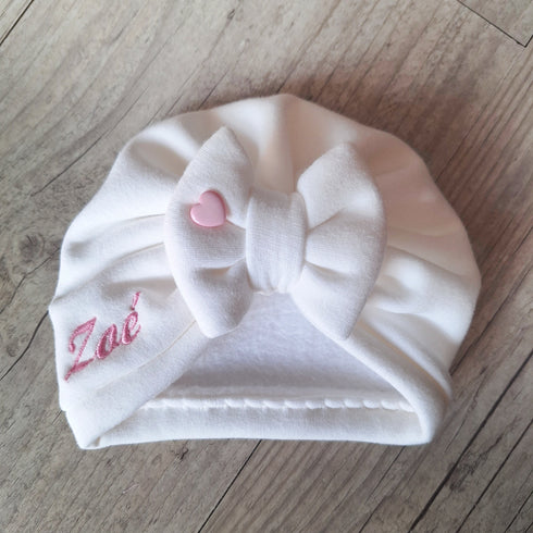 EDITION LIMITÉE : Turban bonnet nœud, buns ou simple personnalisable Prénom brodé, COEUR ROSE 🩷 tissu sweat fourré et chaud 15 couleurs