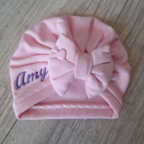 EDITION LIMITÉE : Turban bonnet nœud, buns ou simple personnalisable Prénom brodé, COEUR ROSE 🩷 tissu sweat fourré et chaud 15 couleurs