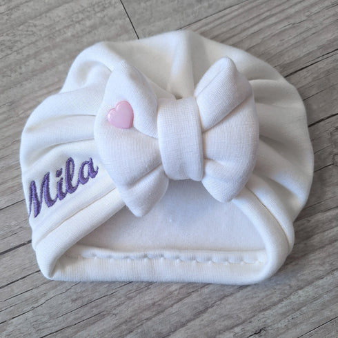 EDITION LIMITÉE : Turban bonnet nœud, buns ou simple personnalisable Prénom brodé, COEUR ROSE 🩷 tissu sweat fourré et chaud 15 couleurs