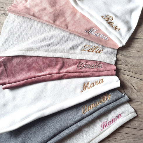 Turban knot or buns Embroidered first name soft and warm stuffed or minky sweat fabric 10 colors