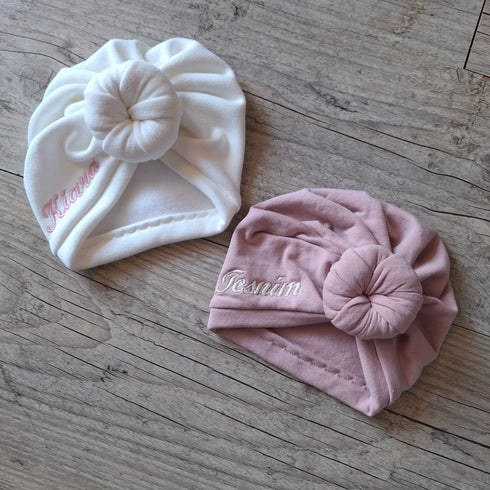 Turban knot or buns Embroidered first name soft and warm stuffed or minky sweat fabric 10 colors
