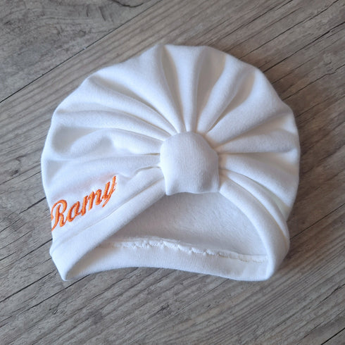Turban knot or buns Embroidered first name soft and warm stuffed or minky sweat fabric 10 colors