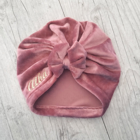 Turban bonnet nœud, buns ou simple Prénom brodé tissu minky doux et chaud 5 couleurs