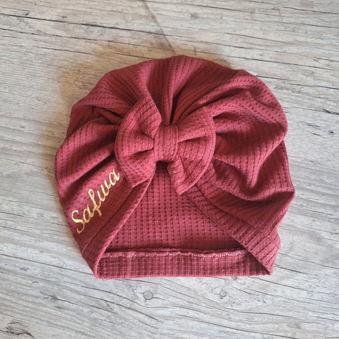 Turban bonnet noeud, buns ou simple personnalisé avec prénom brodé en tissu maille gaufré 8 couleurs
