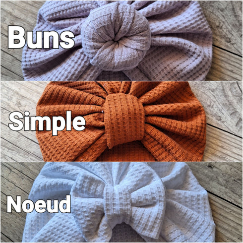 Turban bonnet noeud, buns ou simple personnalisé avec prénom brodé en tissu maille gaufré 8 couleurs