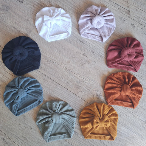 Turban bonnet noeud, buns ou simple personnalisé avec prénom brodé en tissu maille gaufré 8 couleurs