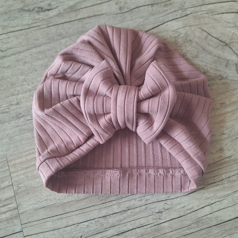 Turban vieux rose noeud+chaussons assortis + moufles. Tissu jersey de coton à côte