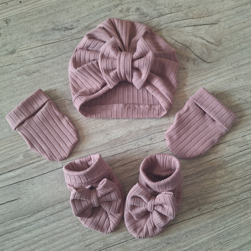 Turban vieux rose noeud+chaussons assortis + moufles. Tissu jersey de coton à côte