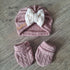 Ensemble Prénom Brodé en tissu maille de coton façon tricot jacquard Turban nœud + moufles + bandeau + chaussons assortis