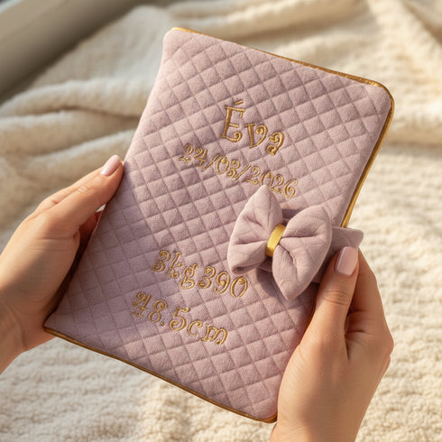 Protège carnet de santé personnalisé fait main | Tableau de naissance brodé | Tissu matelassé OekoTex