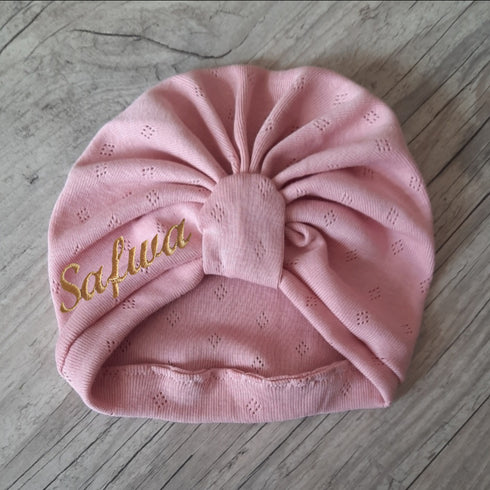 Turban Noeud, buns ou simple avec prénom brodé jersey 100% coton en maille pointelle