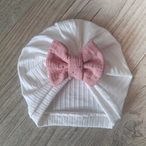 Turban Bonnet Bébé en Jersey de Coton – Nœud gaze de coton pois dorés – Fait Main & Oeko-Tex