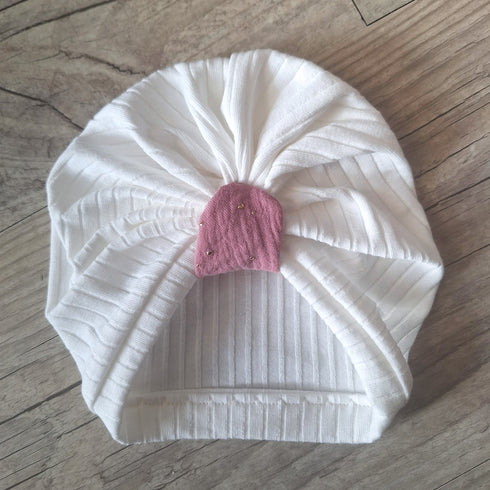Turban Bonnet Bébé en Jersey de Coton – Nœud gaze de coton pois dorés – Fait Main & Oeko-Tex