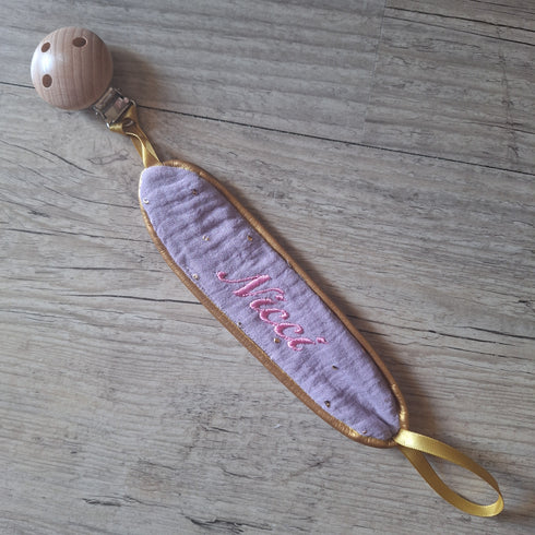 Attache tétine personnalisée – Chic avec prénom brodé contour or - en gaze de coton pois or