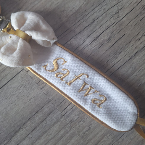 Attache tétine Chic Nœud - double face - personnalisé avec Prénom brodé et date de naissance