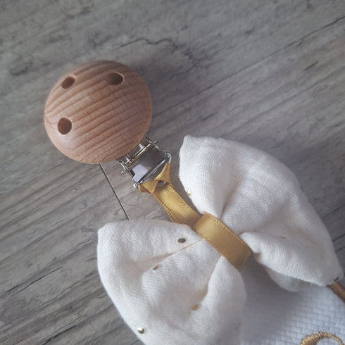 Attache tétine Chic Nœud - double face - personnalisé avec Prénom brodé et date de naissance