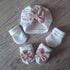 Off-white turban set with pink bow + matching mitten + slipper. choice of warm or thin fabrics