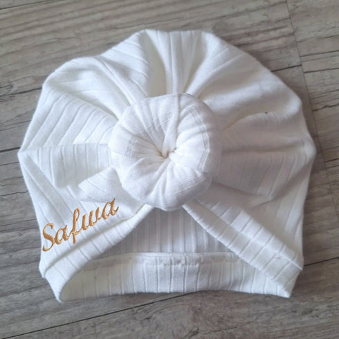 Turban côtelé nœud, buns ou simple avec prénom brodé en jersey extensible