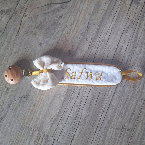 Attache tétine Chic Nœud - double face - personnalisé avec Prénom brodé et date de naissance