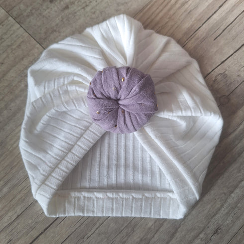 Turban Bonnet Bébé en Jersey de Coton – Nœud gaze de coton pois dorés – Fait Main & Oeko-Tex