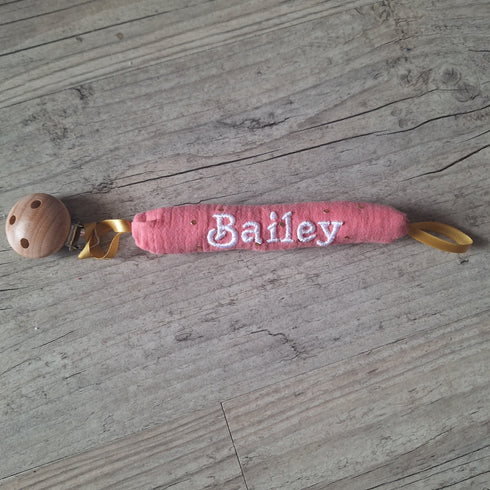 Attache tétine personnalisée – Tube moelleux façon doudou avec prénom brodé - en gaze de coton pois or
