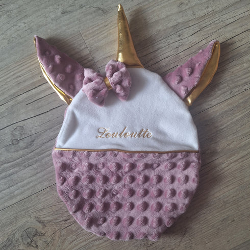 Doudou licorne personnalisé 20x25cm avec Prénom et/ou Date de naissance tout en minky