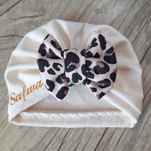 ⚡ Édition Limitée – Turban imprimé léopard prénom brodé fait main | Prématuré à adulte oeko-tex