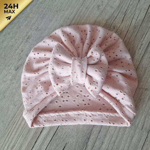 Turban nœud jersey ajouré broderie anglaise rose – Naissance/Maternité – Expédié sous 24h
