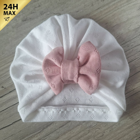 Turban crème nœud rose maille pointelle – 0/3 mois – Expédié sous 24h