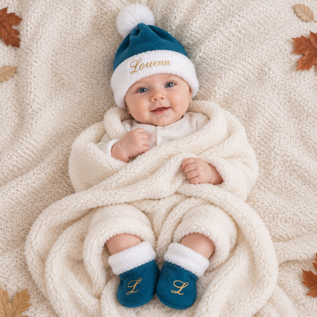 Visuel automne-hiver avec bébé portant le bonnet et les chaussons bleu pétrole