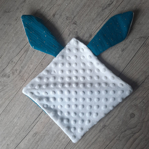 Doudou lapin personnalisé 20x20cm avec Prénom et/ou Date de naissance gaze de coton et minky