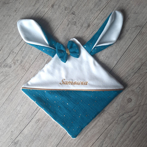 Doudou lapin personnalisé 20x20cm avec Prénom et/ou Date de naissance gaze de coton et minky