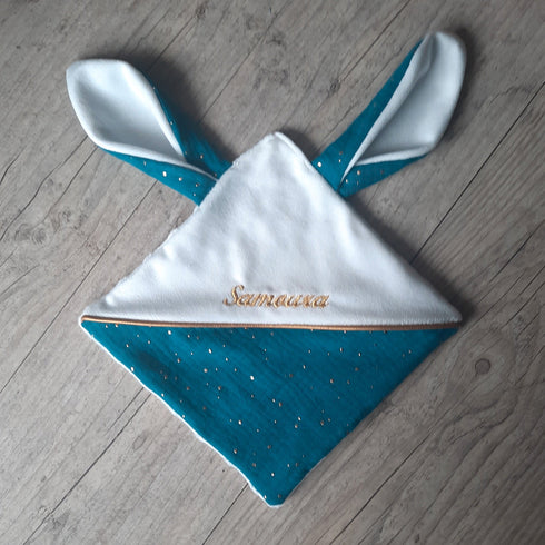 Doudou lapin personnalisé 20x20cm avec Prénom et/ou Date de naissance gaze de coton et minky
