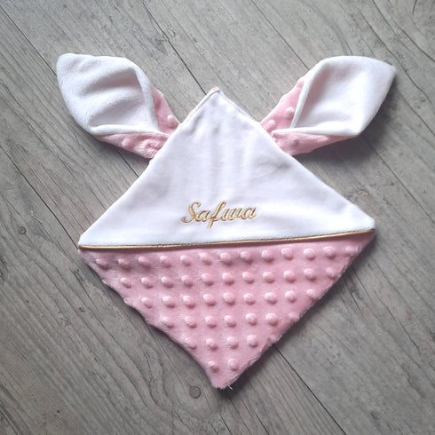 Doudou lapin personnalisé 20x20cm avec Prénom et/ou Date de naissance tout en minky