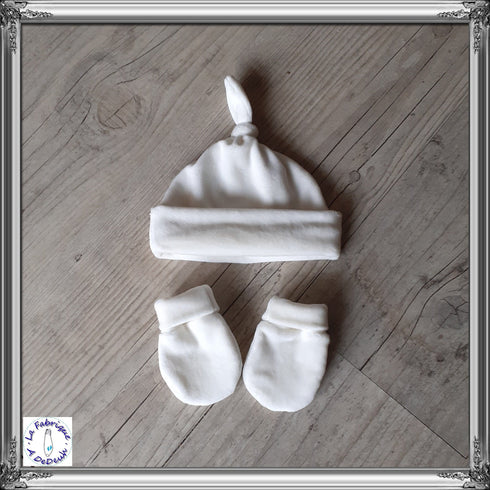 Bonnet noué mixte+moufles en tissu minky doux ou  et chaud: 5 couleurs