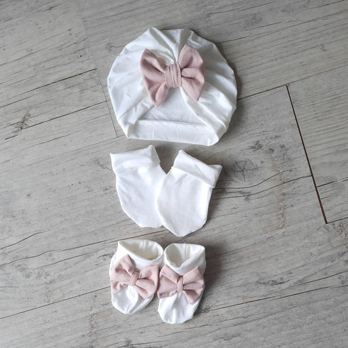 Off-white turban set with pink bow + matching mitten + slipper. choice of warm or thin fabrics