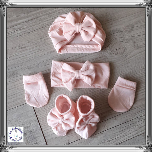 Ensemble rose pale: Turban nœud + moufle + bandeau + chaussons assortis, tissu chaud ou fin au choix