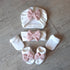 White turban set with pink bow + mittens + headband + matching slippers. choice of warm or thin fabric