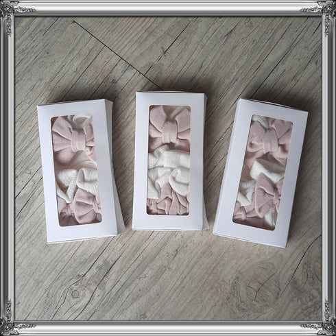 White turban set with pink bow + mittens + headband + matching slippers. choice of warm or thin fabric