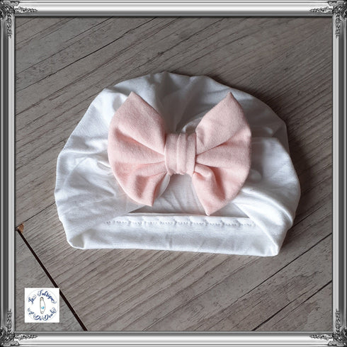 White turban set with pink bow + mittens + headband + matching slippers. choice of warm or thin fabric