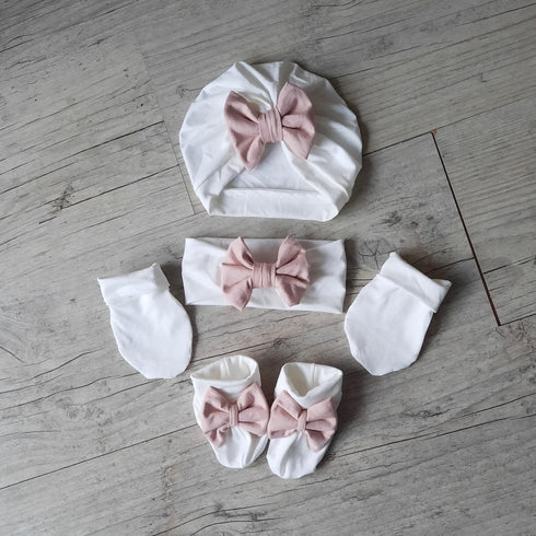 Ensemble Turban blanc cassé nœud rose + moufles + bandeau + chaussons assortis. tissu chaud ou fin au choix