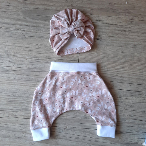 Ensemble Pantalon sarouel+ turban bébé à motif ou uni en tissu jersey extensible